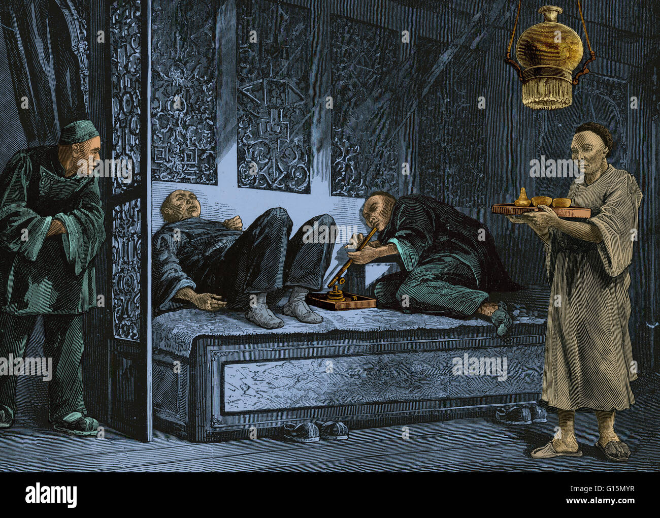 Periodo illustrazione di cinese i fumatori di oppio in San Francisco. L oppio è una droga ottenuta dai semi di papavero da oppio. Esso contiene sostanze chimiche di morfina e codeina, come pure altri alcaloidi. La resina di oppio dal papavero è trattata, un Foto Stock