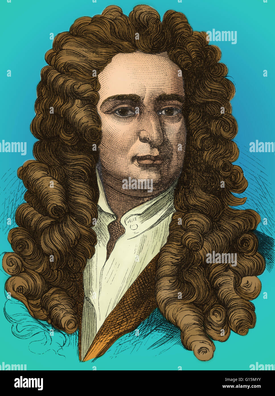 Isaac Newton (25 dicembre 1642 - 20 Marzo 1727) era un fisico inglese, matematico, astronomo, filosofo naturale, alchimista e teologo. La sua monografia Philosophae Naturalis Principia Mathematica, pubblicato nel 1687, getta le basi per m Foto Stock