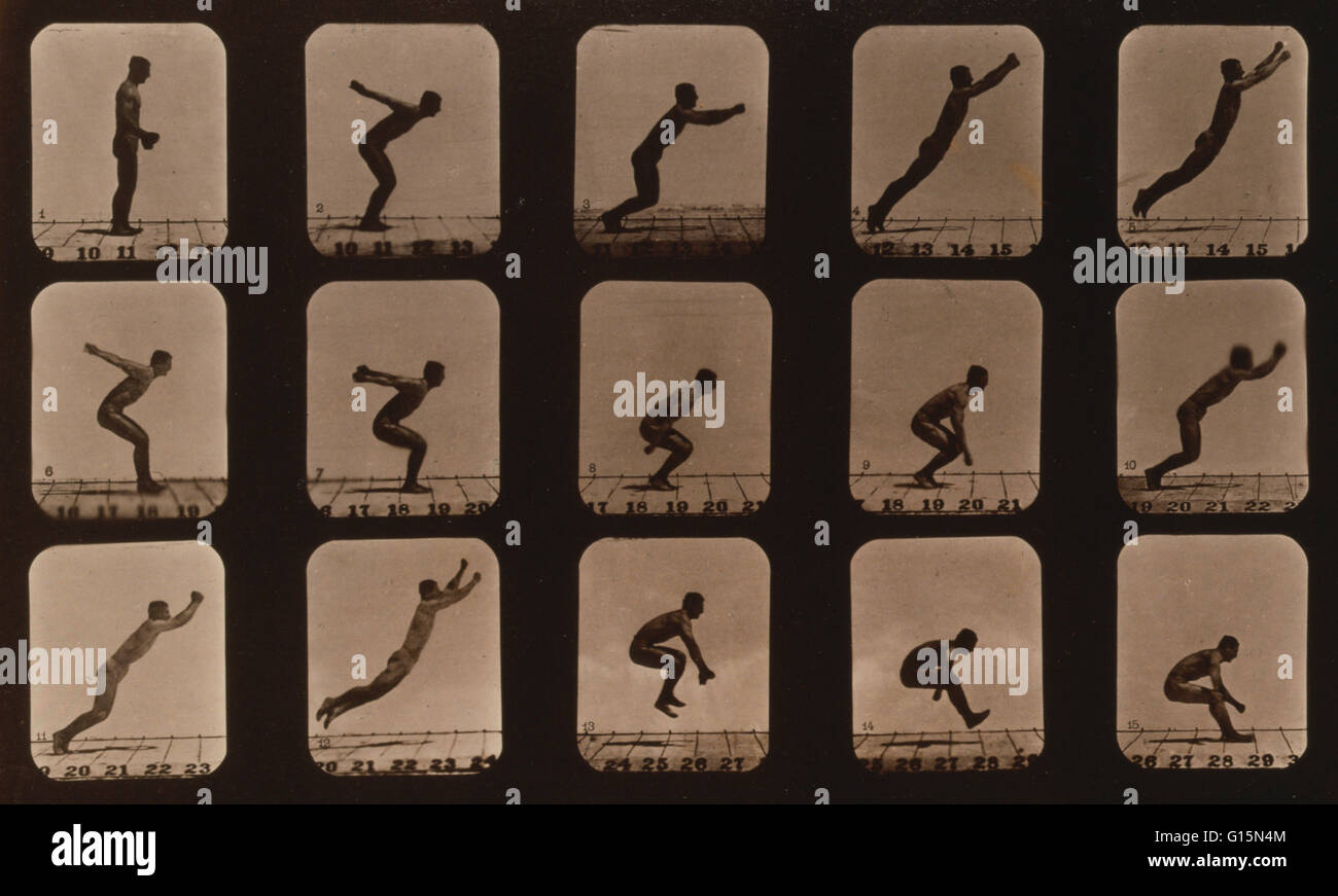 Muybridge locomozione umana, l'uomo che saltava, 1881. Fotografia mostra 15 immagini consecutive di un uomo che saltava. James Eadweard Muybridge (9 aprile 1830 - 8 Maggio 1904) era un fotografo inglese importante per il suo lavoro pionieristico in studi fotografici di movimento Foto Stock