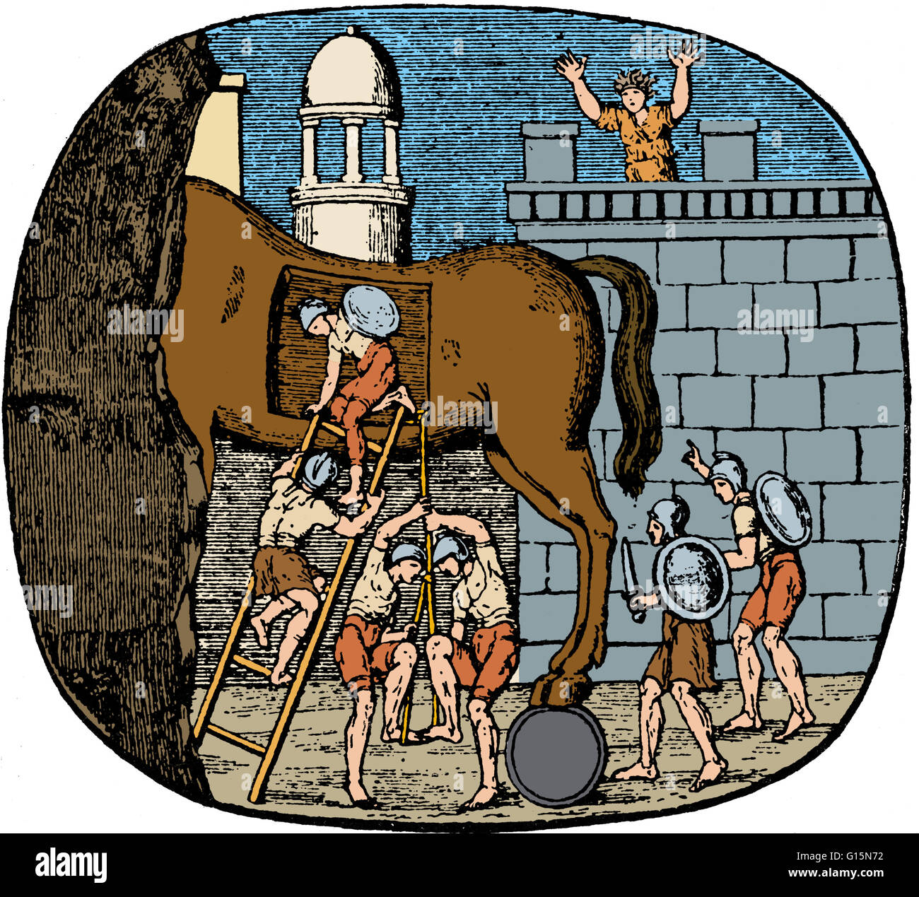 Il cavallo di Troia è un racconto dalla guerra di Troia circa lo stratagemma che ha permesso che i Greci a infine inserire la città di Troia e porre fine al conflitto. Nella versione canonica, dopo un infruttuoso dieci anni di assedio, i Greci costruito un enorme cavallo di legno e h Foto Stock