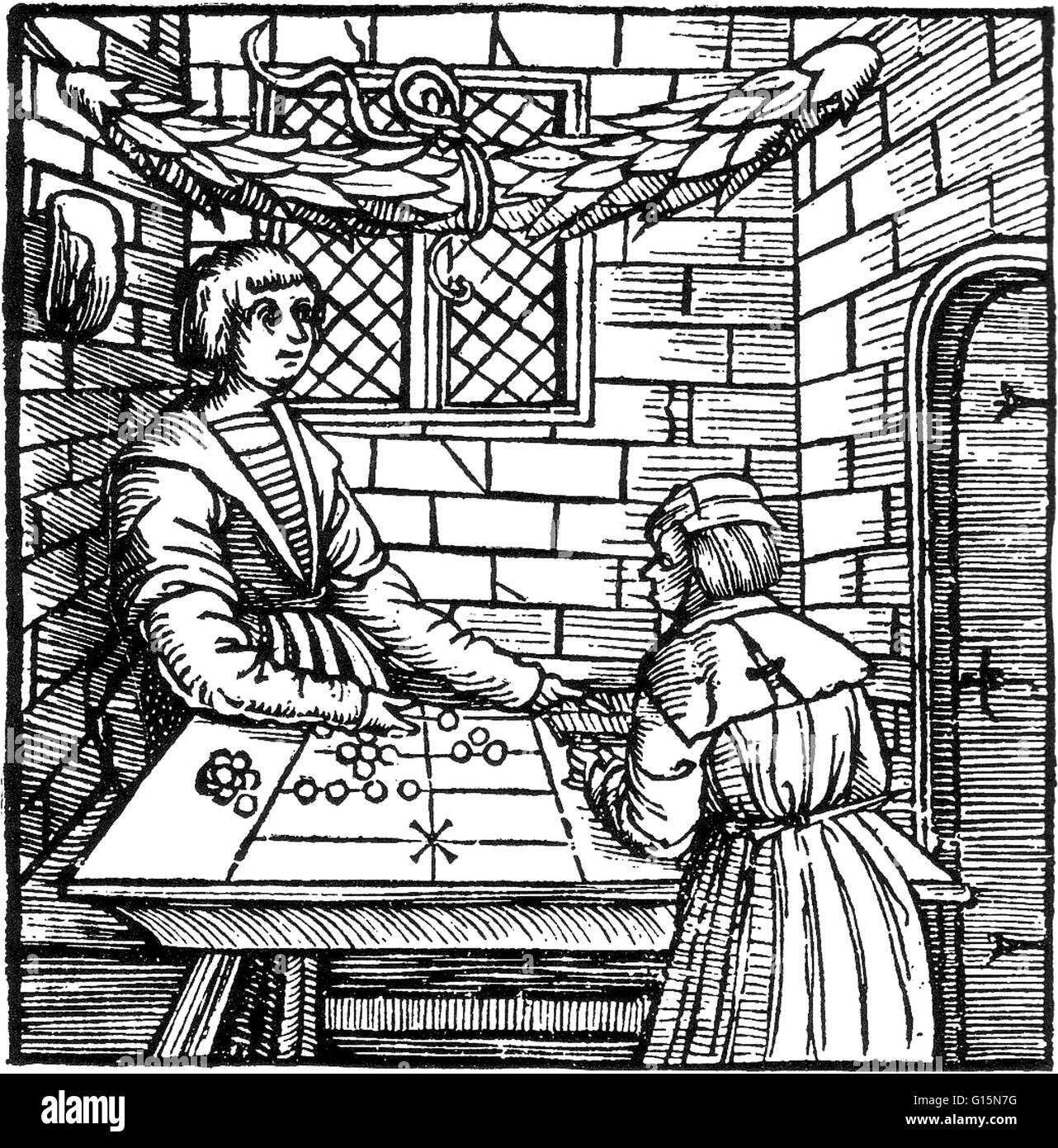 Xilografia da Ain nuovo Rechenbüchlein geordnet auf den linien mit Rechenpfenningen (un ordinato nuovo opuscolo di elaborazione sulle linee con computing spiccioli) da Jacob Köbel, 1516. Un Abaco è un dispositivo di conteggio che consiste di un telaio di contenimento sulle aste di cui una s Foto Stock