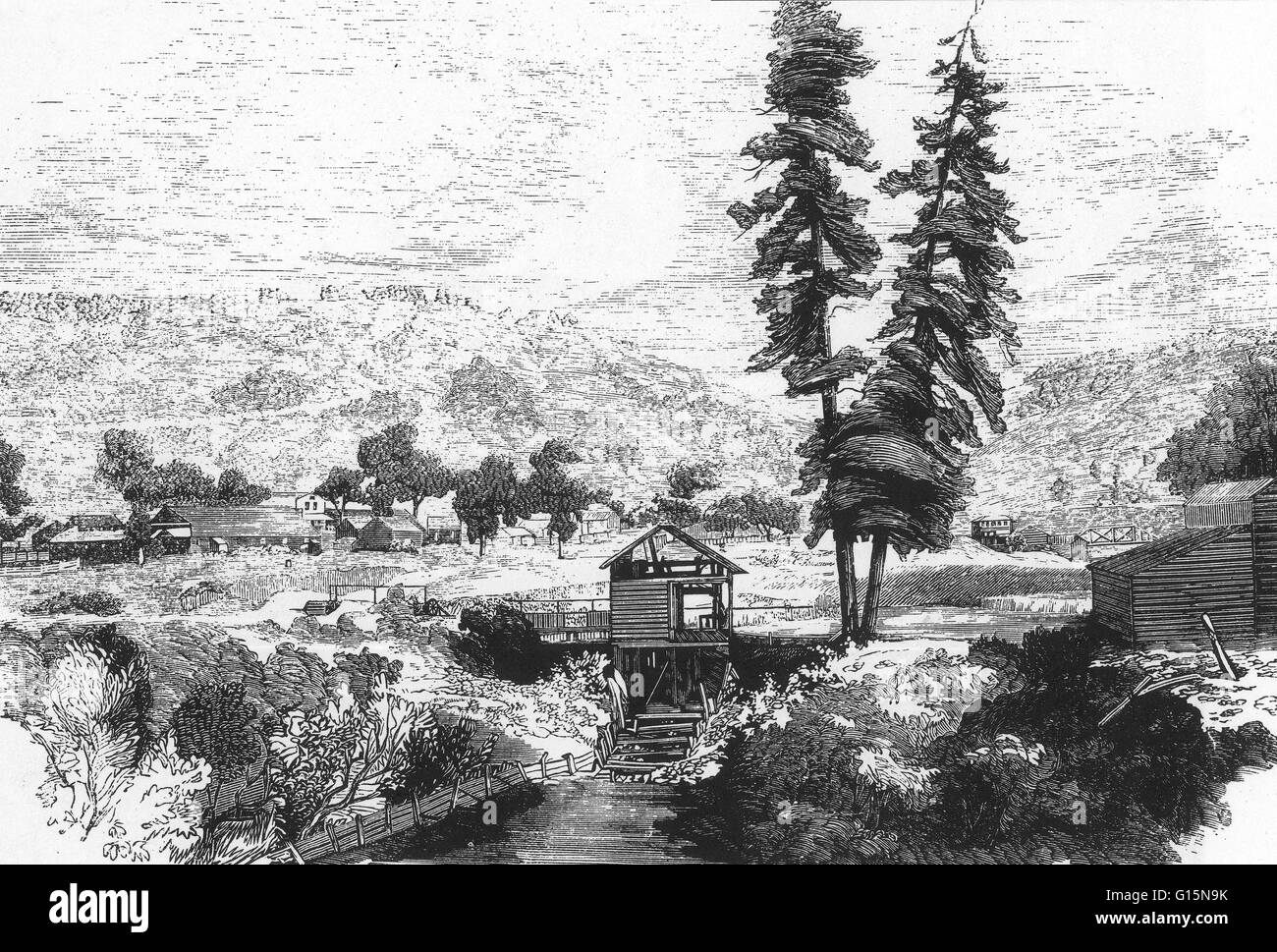 Sutter's Mill è stato una segheria di proprietà del XIX secolo pioneer John Sutter in partenariato con James W. Marshall. Era situato in Coloma, California, presso la banca del sud Forcella American River. Sutter's Mill è più famoso per la sua associazione con il Cali Foto Stock