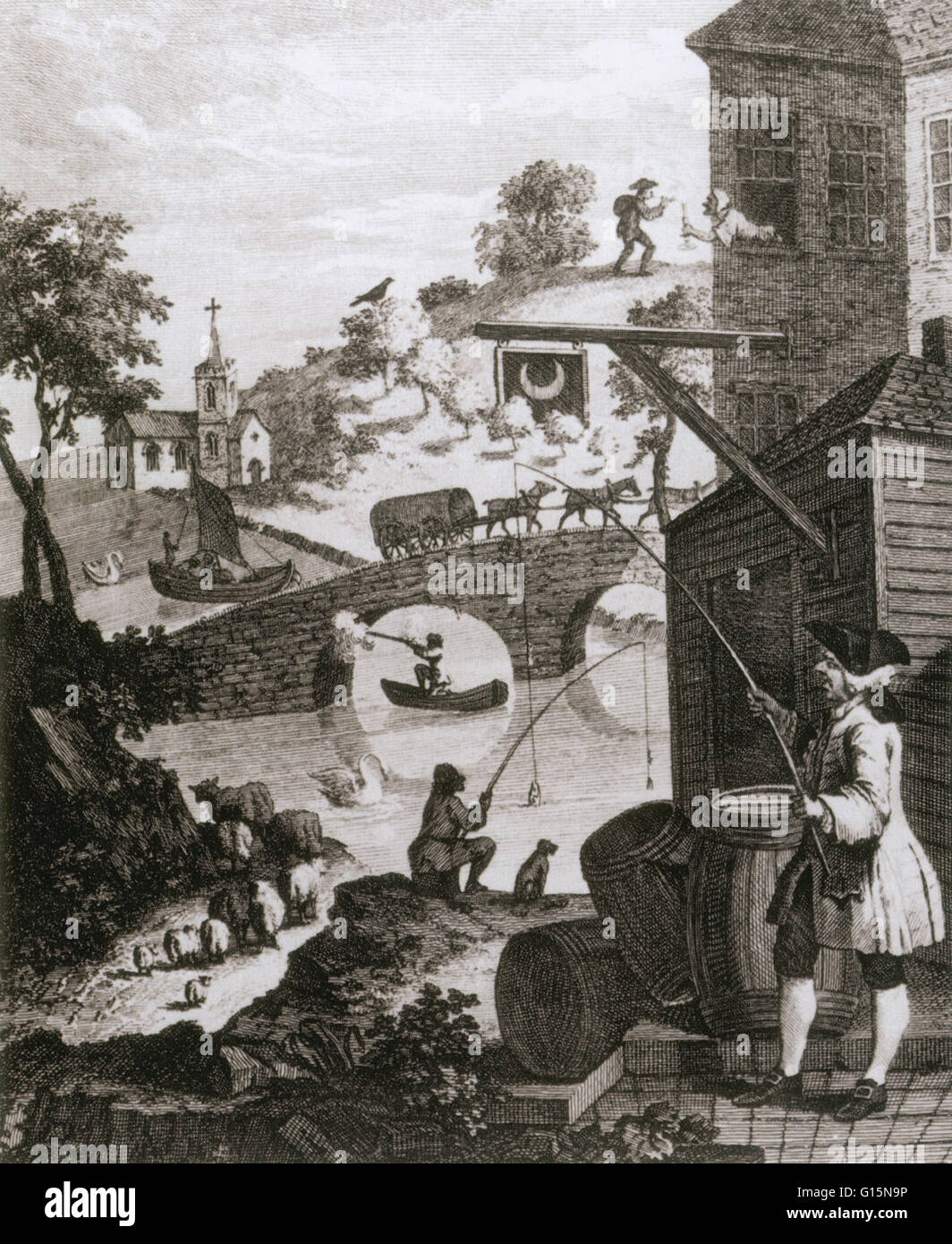 'Falsa prospettiva" (1754) da William Hogarth, la scena sembra normale fino a quando si guarda da vicino. Per esempio, la donna appoggiata fuori dalla finestra non può essere eventualmente lighting l'uomo di sigaro. Inoltre, l'uccello nella struttura è grande quasi quanto l'albero. Infine, guardare Foto Stock