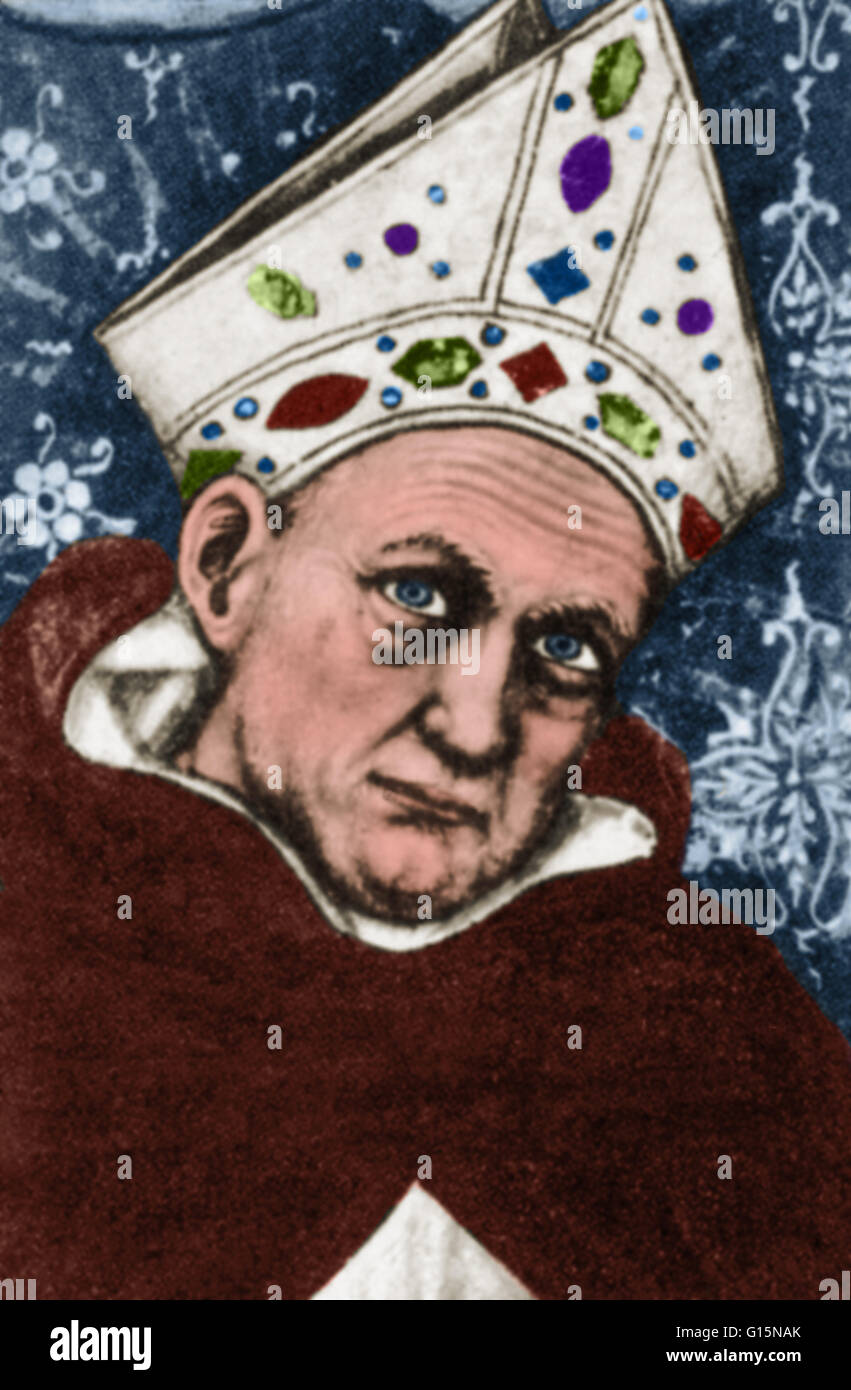 Un particolare di un affresco di San ALBERTUS MAGNUS, dipinta nel 1352 a Treviso, Italia. Albertus Magnus (1193/1206-1280) era un frate domenicano e il vescovo che ha creduto nella coesistenza pacifica di scienza e di religione. Albertus è stato il primo a commentare su tutti Foto Stock