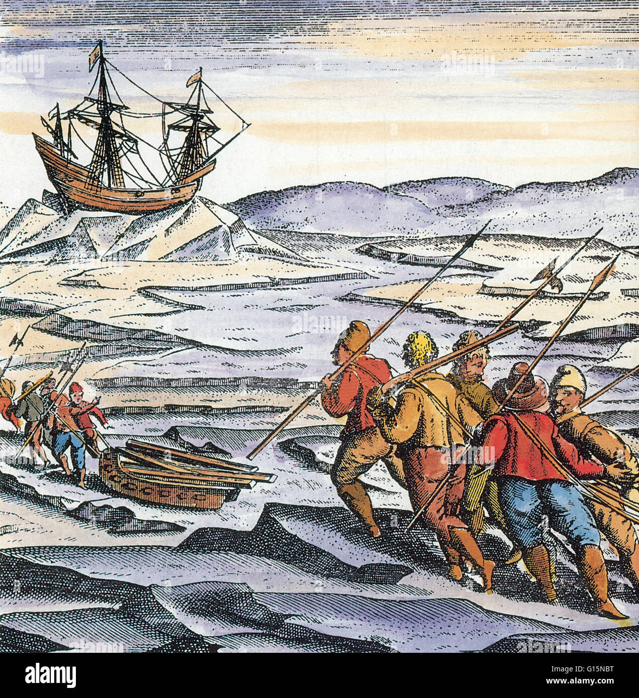 William Mare di Barents e il suo equipaggio intrappolati nell'Artico durante la loro terza spedizione del 1596. Guidati dal navigatore olandese ed esploratore William Barents (c.1550-1597), la spedizione si è tentato di trovare il Passaggio a Nordest dall'Atlantico al Pacifico. Dopo Foto Stock