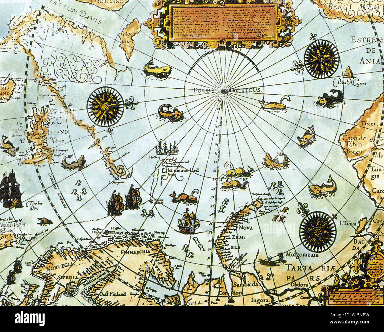 Una mappa dell'Artico compilato dal navigatore olandese ed esploratore William Barents (c.1550-1597), che hanno cercato di trovare il Passaggio a Nordest dall'Atlantico al Pacifico in varie spedizioni. Mare di Barents morì nel giugno 1597, intrappolata nei ghiacci al largo o Foto Stock