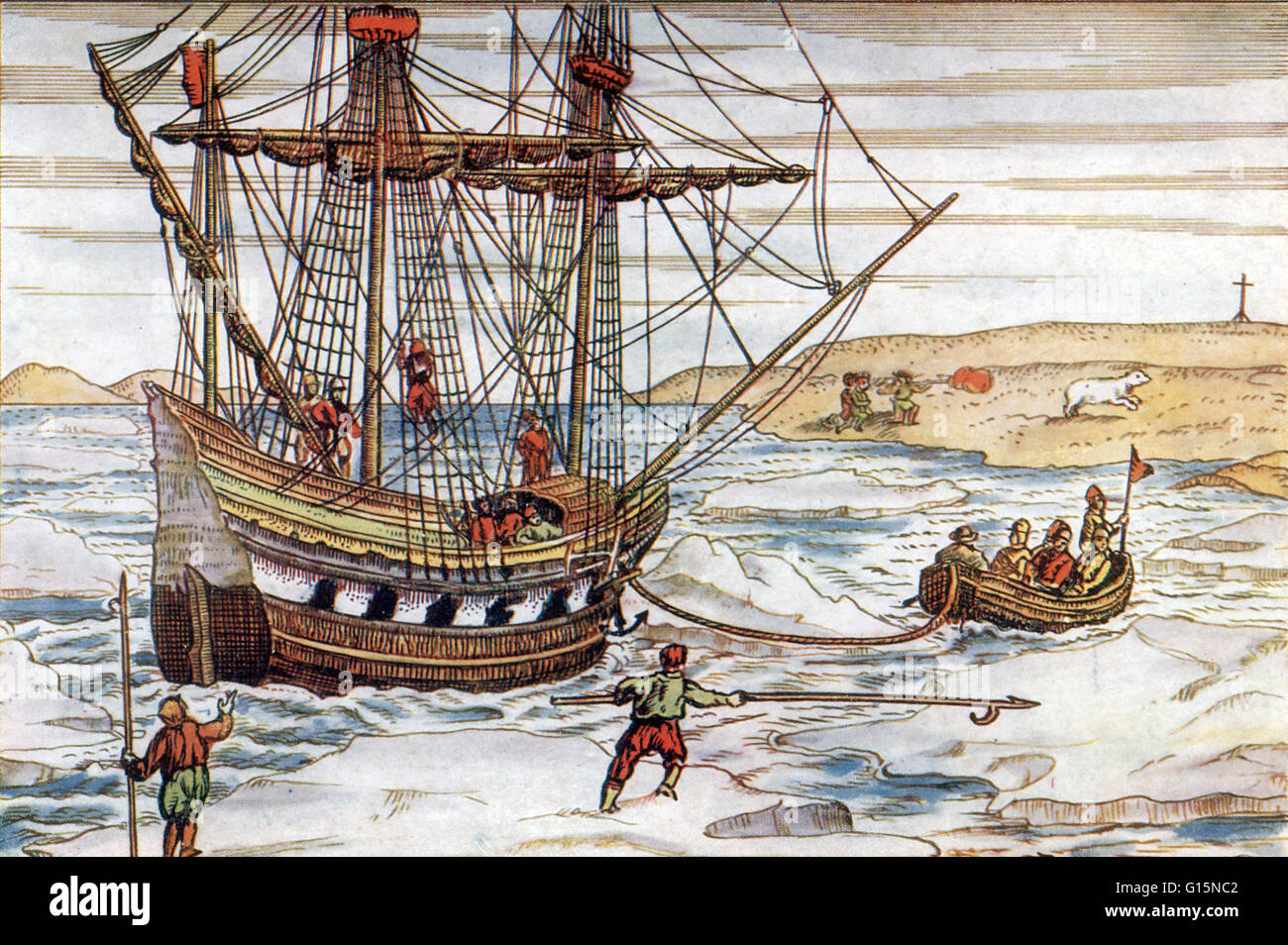 William Mare di Barents e il suo equipaggio intrappolati nel ghiaccio Artico durante la loro terza spedizione del 1596. Guidati dal navigatore olandese ed esploratore William Barents (c.1550-1597), la spedizione si è tentato di trovare il Passaggio a Nordest dall'Atlantico al Pacifico. Dopo Foto Stock