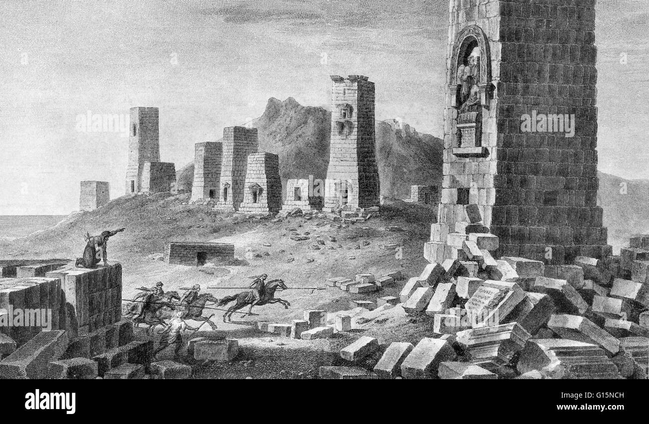 Palmyra era una città antica nel centro della Siria, fondata tra il I e il II secolo D.C. In antichità era situato in un oasi di 215 km a nord-est di Damasco e 180 km a sud-ovest dell'Eufrate a Deir ez-Zor ed era un vitale sosta della carovana per la trav Foto Stock