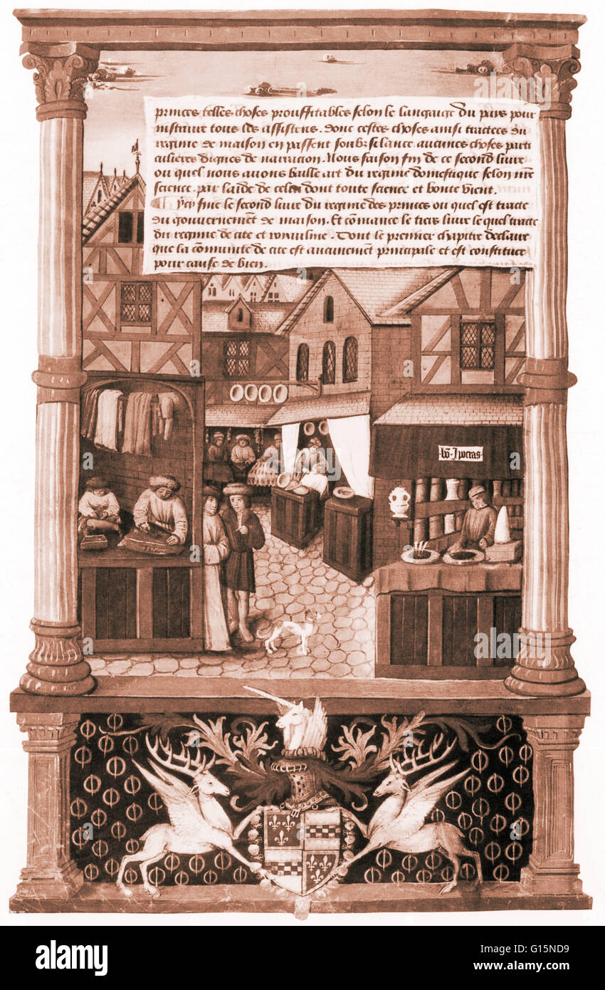 Un quattrocentesco in farmacia operanti sotto il segno 'Bon Hippocras' o 'Buon Ippocrate' di Parigi, Francia. Accanto alla farmacia un barbiere-chirurgo veli il suo commercio. Sulla sinistra è un sarto. La professione di barbiere-chirurgo risale al XIII secolo, quando in Foto Stock