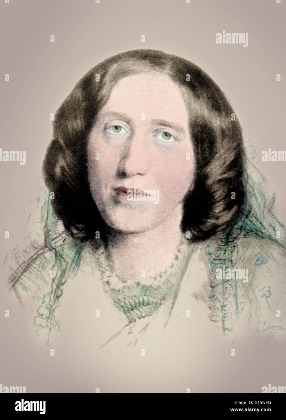 Color-enhanced ritratto di Mary Anne (in alternativa Mary Ann o Marian) Evans (novembre 22,1819 - 22 dicembre 1880), meglio conosciuto con la sua penna nome George Eliot. Lei era un romanziere inglese, giornalista e traduttore, e uno dei maggiori scrittori del Foto Stock