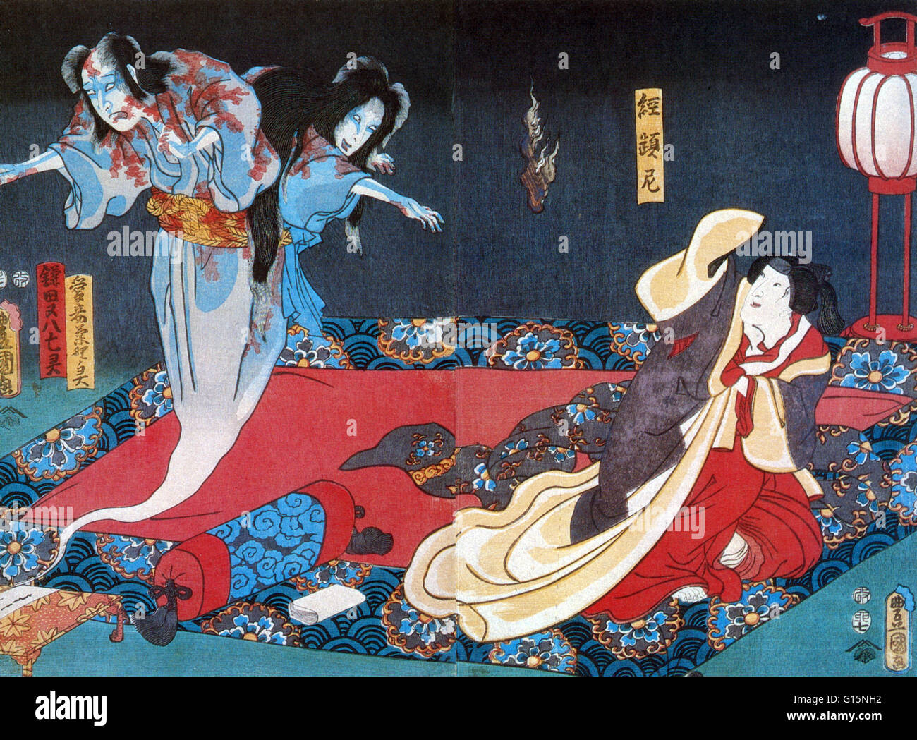 Dettaglio del 'i fantasmi di Matahachi e Kikuno' da Utagawa Kunisada. Yurei sono figure in giapponese del folklore, analogo al Western leggende di fantasmi. Yurei non girovagare a caso ma in genere soggiorno vicino a una posizione specifica, come ad esempio nel caso in cui essi sono stati uccisi Foto Stock