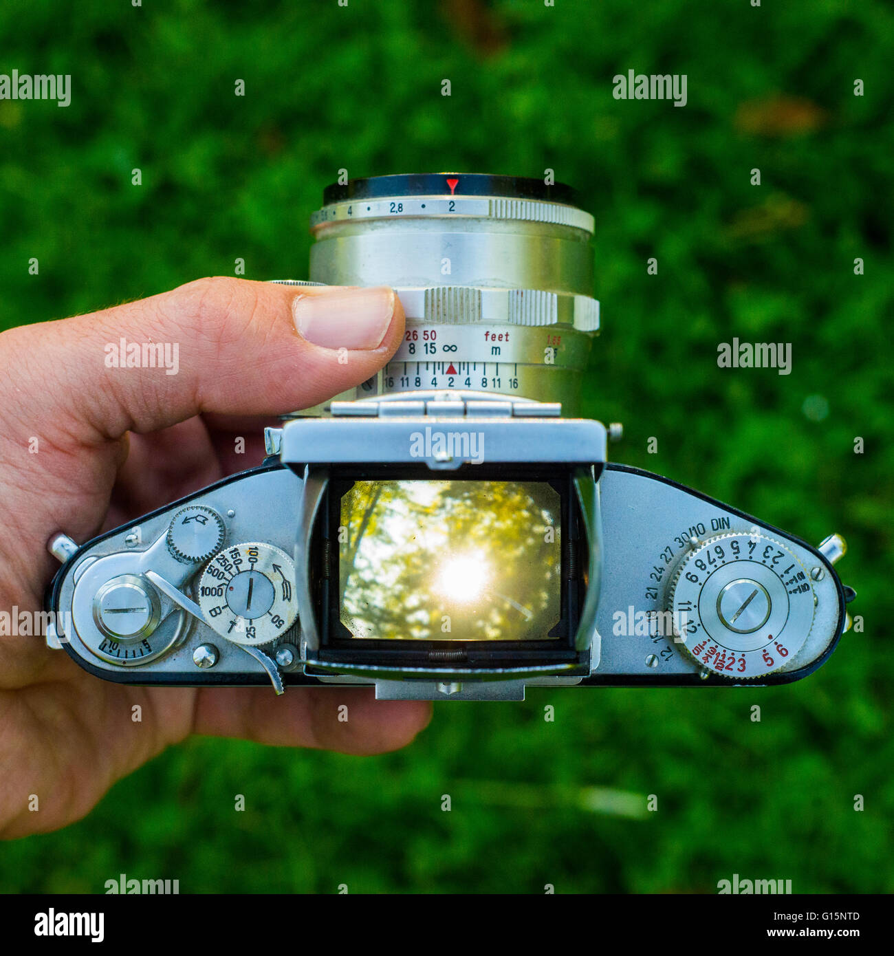 Natura di ripresa con il vecchio vintage 35mm Videocamera SLR. Vista attraverso il mirino Foto Stock