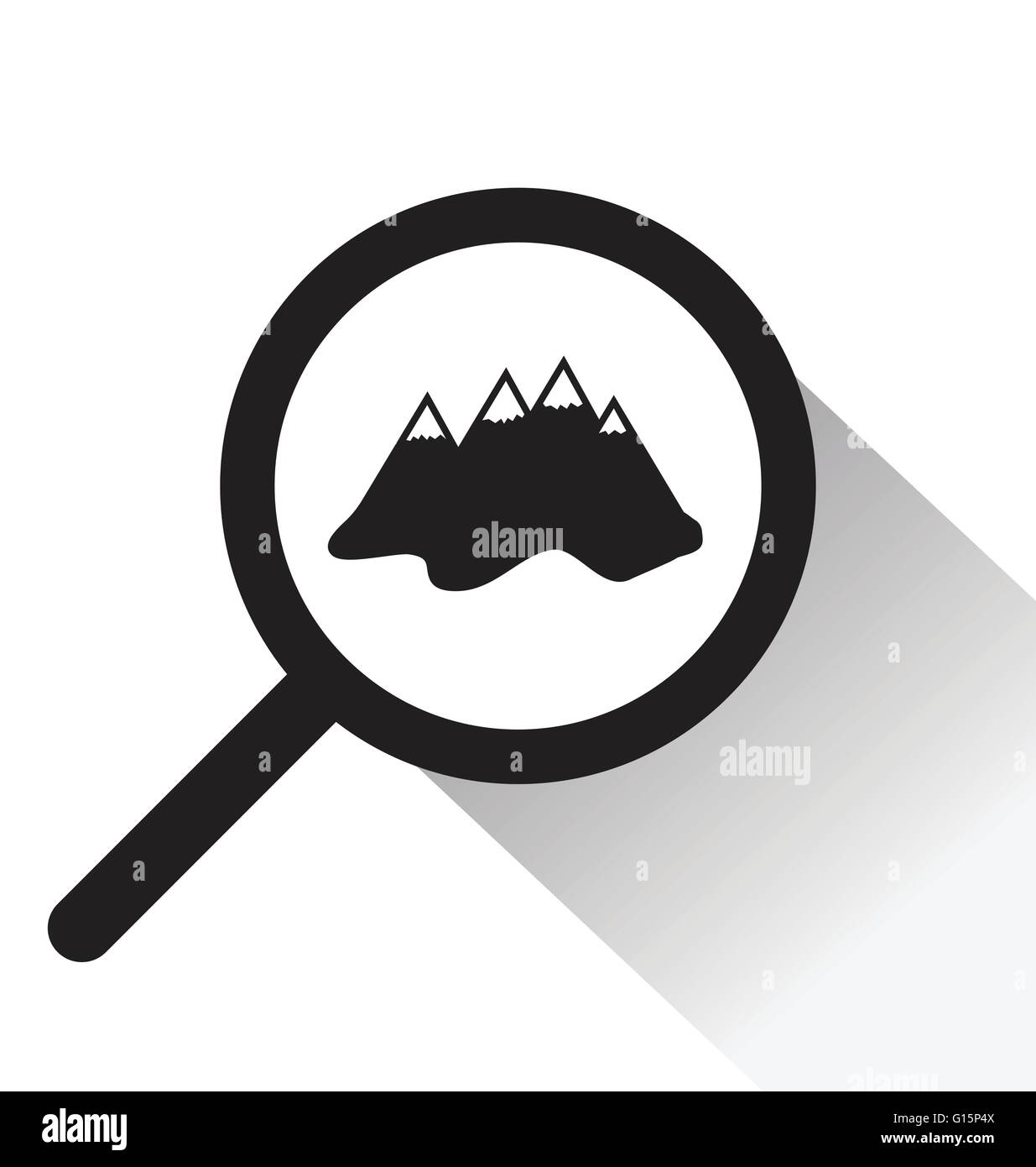 Vettore lente di ingrandimento con icona di montagna su sfondo bianco Illustrazione Vettoriale