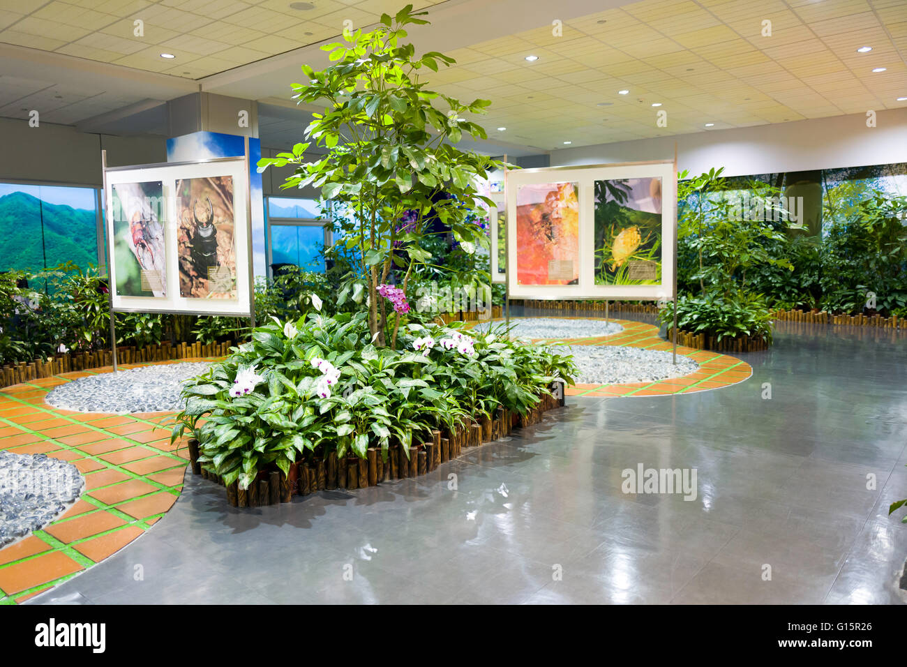 Taipei, Taiwan - verde zona relax e arte di installazione all'interno dell'Aeroporto Internazionale Taoyuan di Taiwan Foto Stock