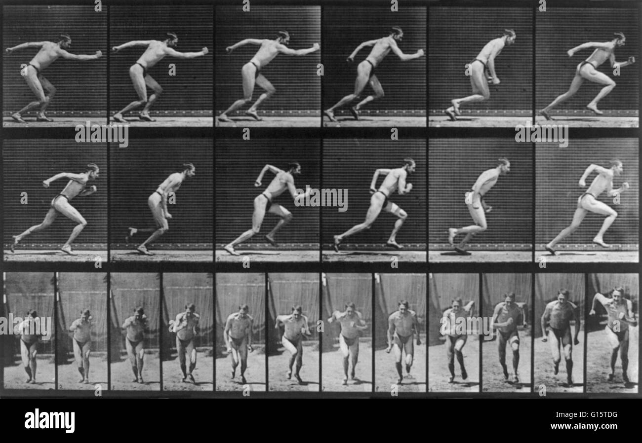 Muybridge locomozione umana, uomo correre, 1887. 24 telai (12, 12) anteriore che mostra l'uomo in perizoma in esecuzione. James Eadweard Muybridge (9 aprile 1830 - 8 Maggio 1904) era un fotografo inglese importante per il suo lavoro pionieristico in studi fotografici di Foto Stock