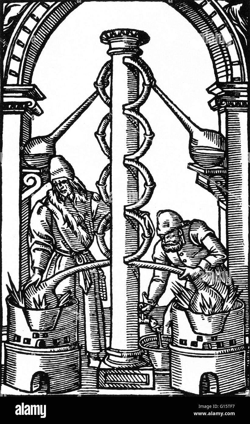 Hieronymus Braunschweig illustrazione di una pentola ancora presenti nel suo Das Buch zu Destillieren, pubblicato nel 1519. In chimica, mezzi di distillazione la separazione dei costituenti di un liquido mediante ebollizione e poi la condensazione del vapore che risultati. Dist Foto Stock