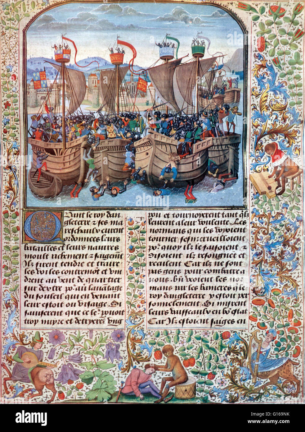 Miniatura della battaglia di Jean Froissart di cronache del XV secolo. La battaglia di Sluys è stata combattuta il 24 giugno 1340 come uno dei conflitti di apertura dei cento anni di guerra. Philippe la marina fu distrutto, dando la flotta inglese completa padronanza uovere Foto Stock