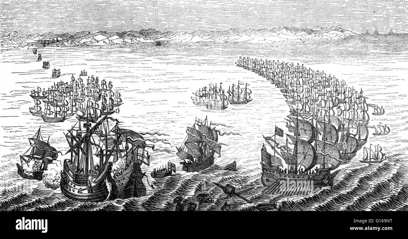 La Armada spagnola è stata la flotta spagnola che ha navigato contro l'Inghilterra nel 1588, con l intenzione di rovesciare Elisabetta I d'Inghilterra e che ponga fine al suo coinvolgimento nei Paesi Bassi Spagnoli e in privateering nell'Atlantico e Pacifico. La A Foto Stock
