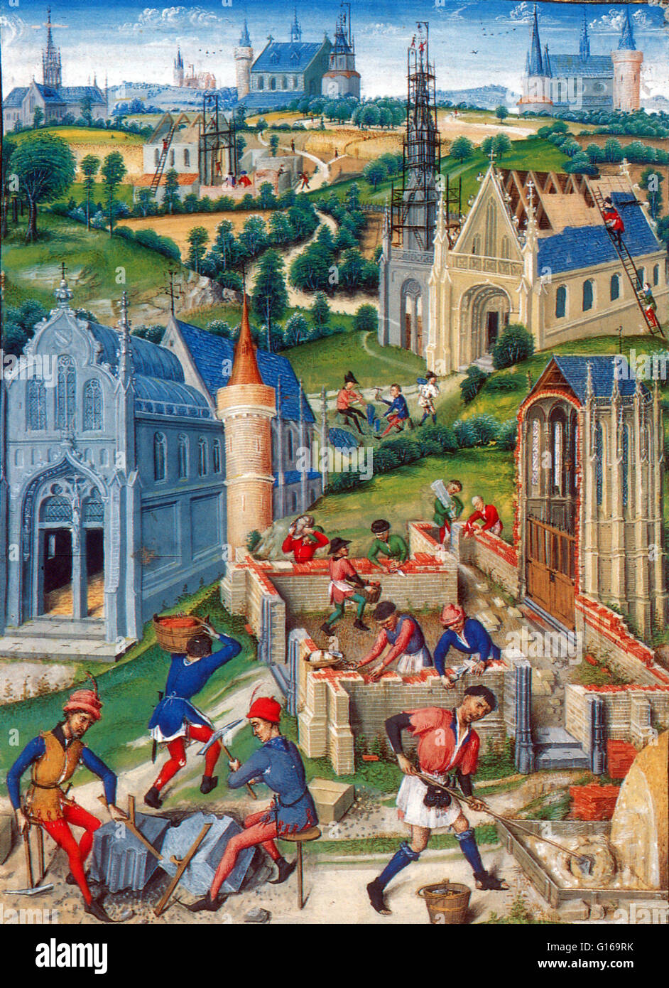 Manoscritto illuminato dalla cronaca Girart Roussillon che illustra la costruzione di una chiesa in Francia, 1448. Nel Medioevo in Europa di fortificazioni e castelli e cattedrali erano i più grandi progetti di costruzione. Bella muratura di pietra è stata utilizzata su Foto Stock