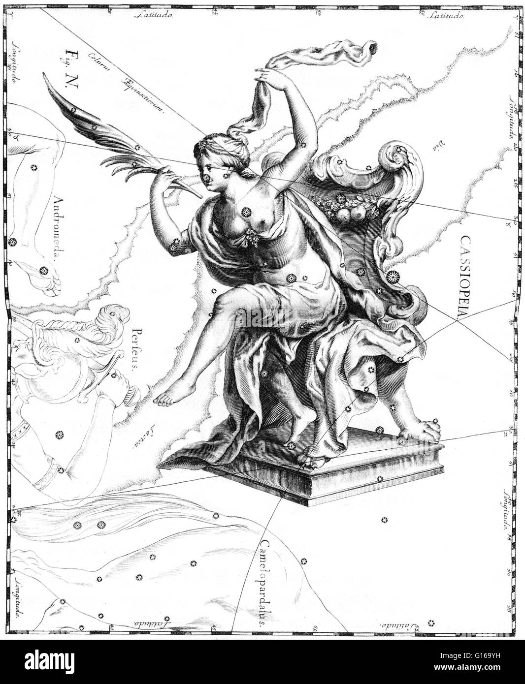 Costellazione di Cassiopeia da Johannes Hevelius' Prodromus Astronomiae, Firmamentum sobiescianum, sive Uranographia, 1687. Cassiopeia è una costellazione nel northern sky, chiamato dopo la vana regina Cassiopeia nella mitologia greca, che vantava su di lei u Foto Stock