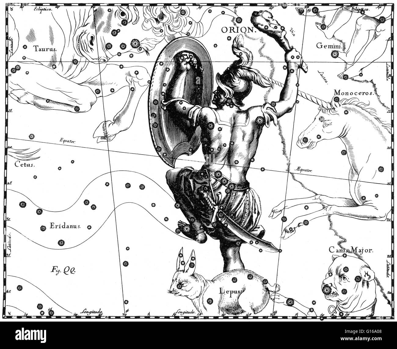 Costellazione di Orione da Johannes Hevelius' Prodromus Astronomiae, Firmamentum sobiescianum, sive Uranographia, 1687. Orion è una costellazione di spicco situato sull'equatore celeste e visibile in tutto il mondo. Si tratta di uno dei più notevoli di un Foto Stock