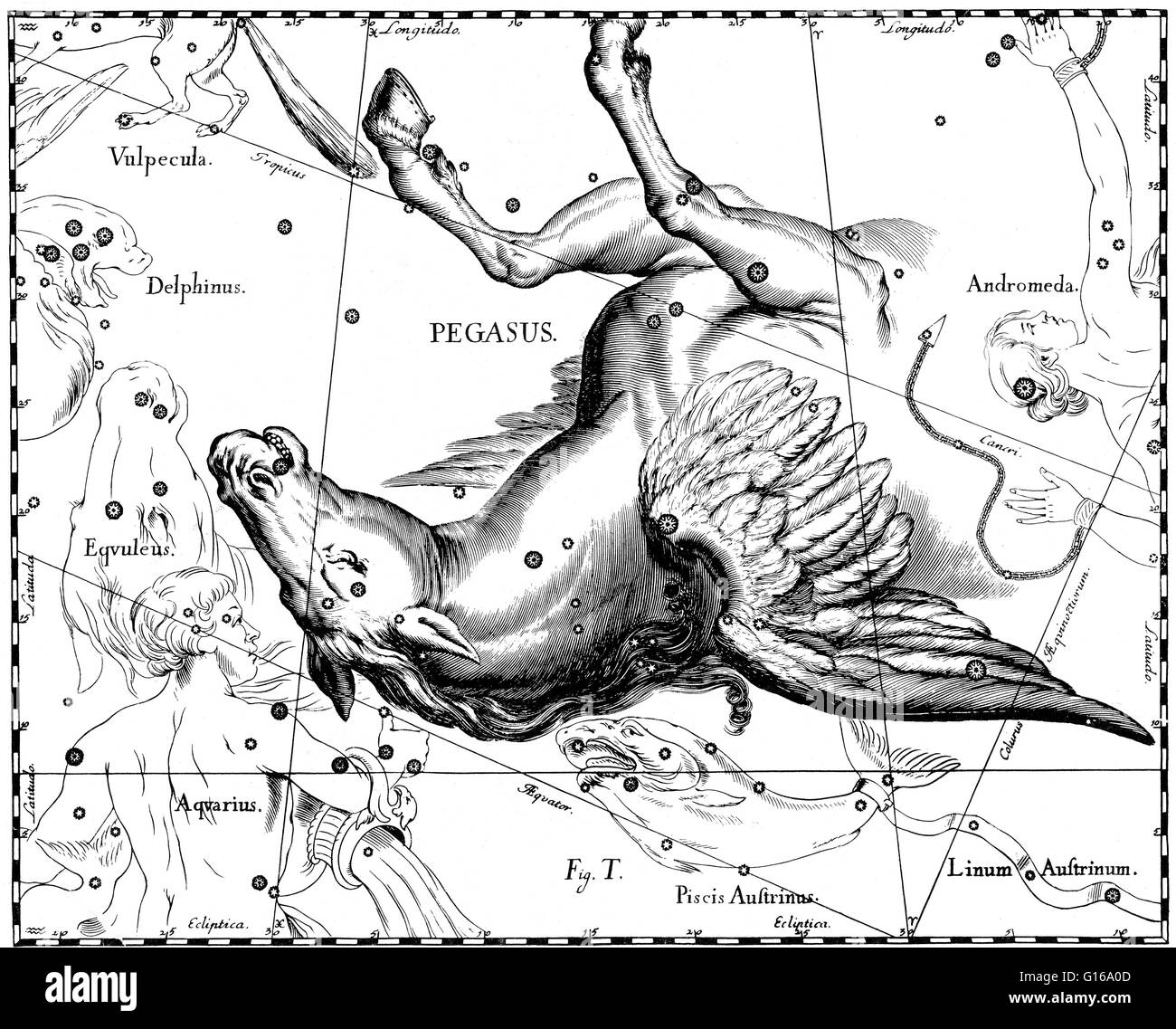 Costellazione di Pegasus da Johannes Hevelius' Prodromus Astronomiae, Firmamentum sobiescianum, sive Uranographia, 1687. Pegasus è una costellazione nel nord del cielo. È stato uno dei 48 costellazioni elencate dal II secolo astronomo Tolomeo, e R Foto Stock