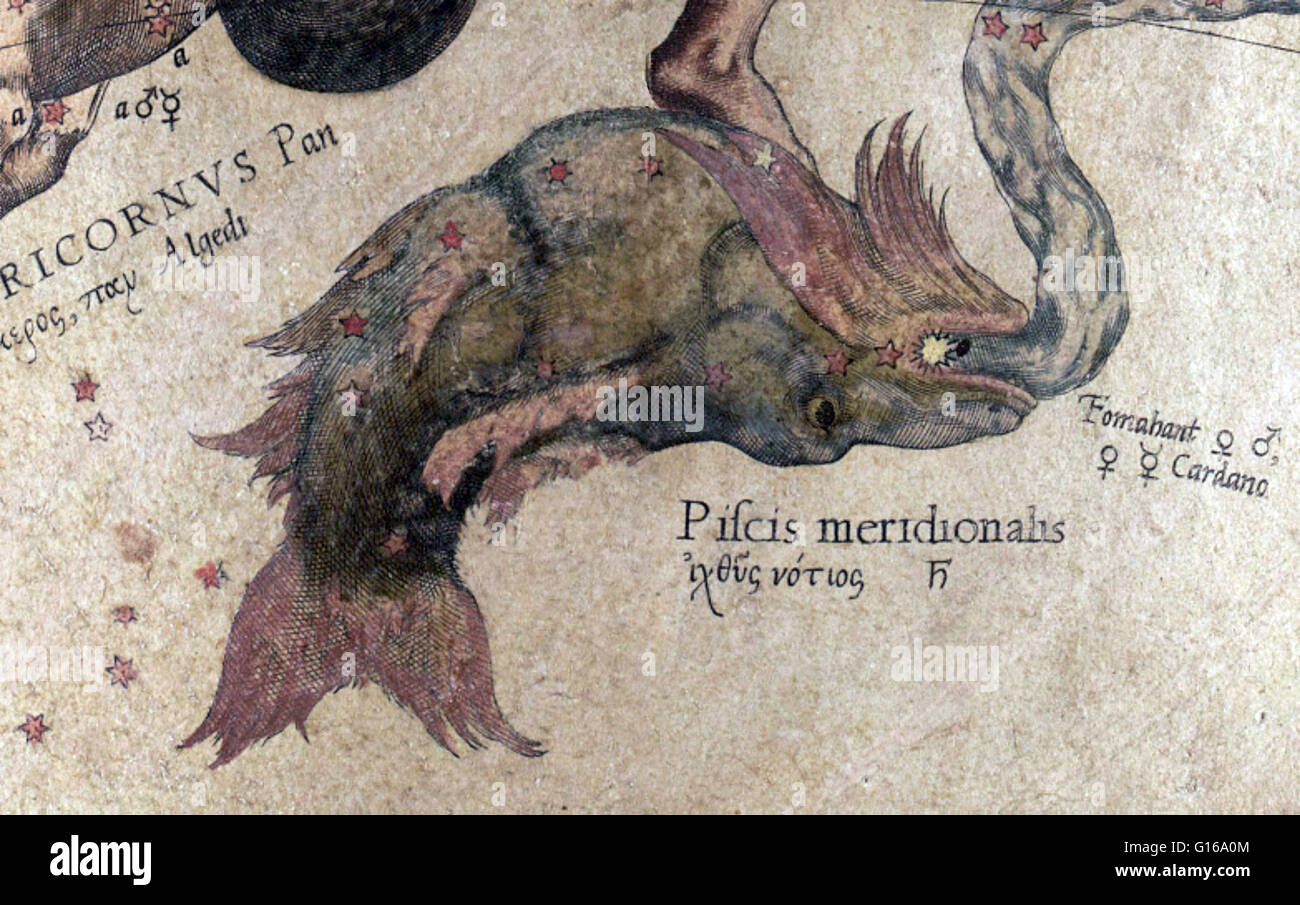 Piscis Austrinus costellazione come appare sul globo Mercator, 1551. Piscis Austrinus (noto anche come Piscis australis) è una costellazione nell'emisfero celeste australe. Il nome è latino per "il pesce del Sud', in contrasto con la più grande con Foto Stock