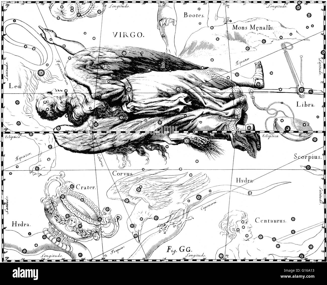 Costellazione di Virgo da Johannes Hevelius' Prodromus Astronomiae, Firmamentum sobiescianum, sive Uranographia, 1687. Virgo è una delle costellazioni dello zodiaco. Il suo nome è latino per la vergine. È stato uno dei 48 costellazioni elencate dal 2° cen Foto Stock
