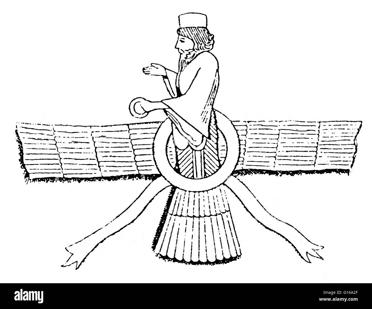 Ahura Mazda è il nome Avestan per una divinità della vecchia religione iraniano che è stato proclamato il Dio increato da Zoroaster, il fondatore di zoroastrismo. Ahura Mazda è descritta come la più alta divinità di culto in lo zoroastrismo, insieme essendo il f Foto Stock