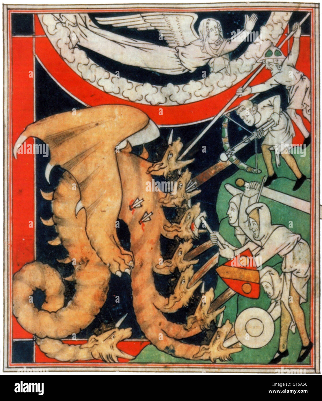 Cavalieri battaglia Eight-Headed Dragon, 1313. Il drago è una creatura leggendaria, tipicamente con serpentina o tratti di rettili, che funzioni nei miti di molte culture. Vi sono due diverse tradizioni culturali dei draghi: il drago europeo, derivato fro Foto Stock