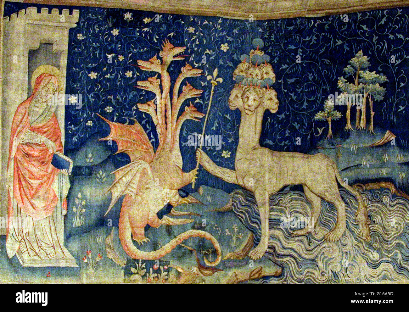 Tapisserie de l'Apocalisse. Un arazzo medievale del falso profeta, il Drago e la Bestia del mare. La prima bestia proviene da "fuori del mare" e viene dato l'autorità e il potere del Drago. La seconda bestia proviene da "fuori della terra' e terribili Foto Stock