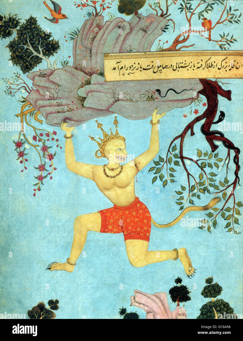 Hanuman il trasporto della montagna di medicinali. Hanuman, insieme con Ganesha e Garuda, è una delle tre principali divinità di origine animale nella mitologia indù che si è evoluto dopo il periodo vedico nella storia indiana. Egli è amato in tutta l India come la scimmia Foto Stock