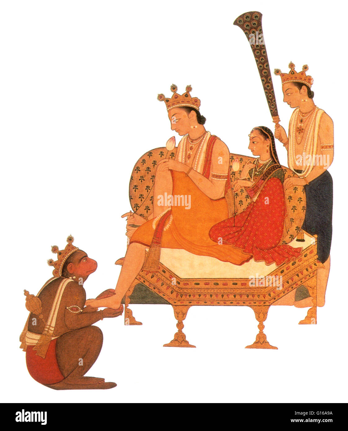 Hanuman adorare Rama che siede con sua moglie Sita e suo fratello, Lakshman. Nel mito indù, il settimo avatar di Vishnu. Rama è l'eroe epico indiano Ramayana. Nato come il principe di Ayodhya, egli affronta molte tribolazioni, chief tra cui bei Foto Stock