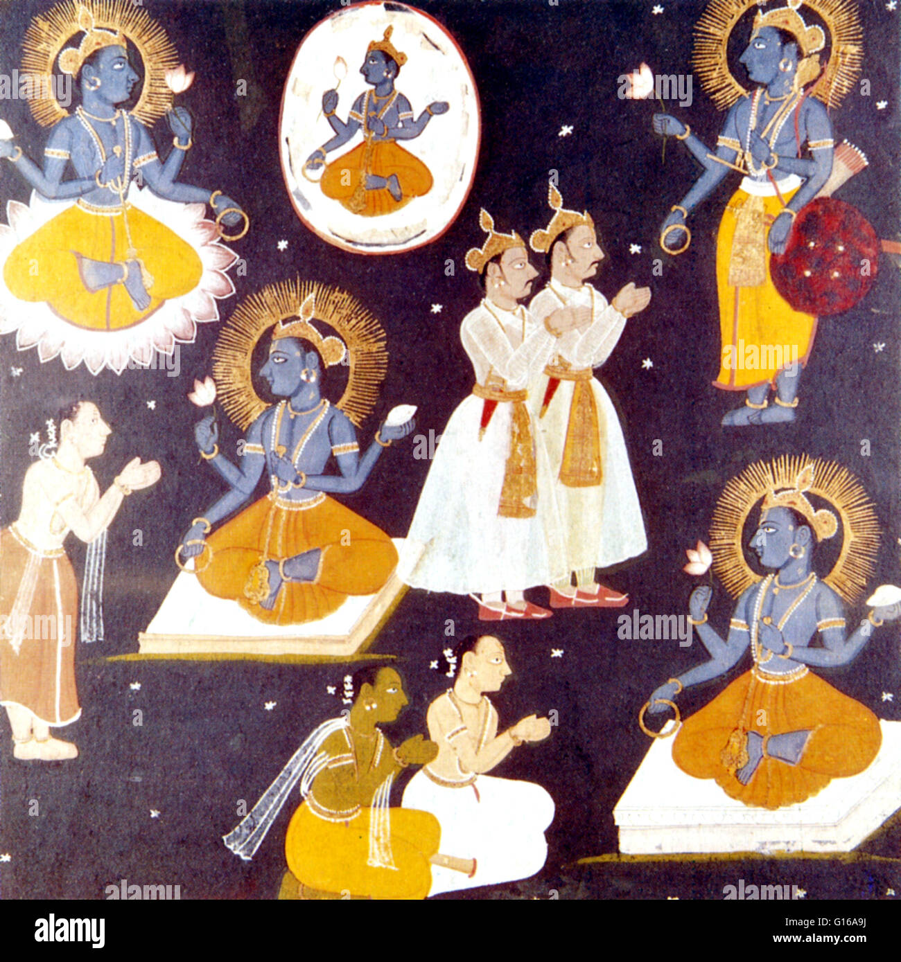 Vishnu adorato in cinque manifestazioni dal testo indù Vishnu Samabranahama. Vishnu è considerata come uno dei principali Dio nell'Induismo e mitologia indiana. Egli è pensato come il guardiano dell'universo mentre altre due grandi divinità Indù Brahma e Shiva, sono ri Foto Stock