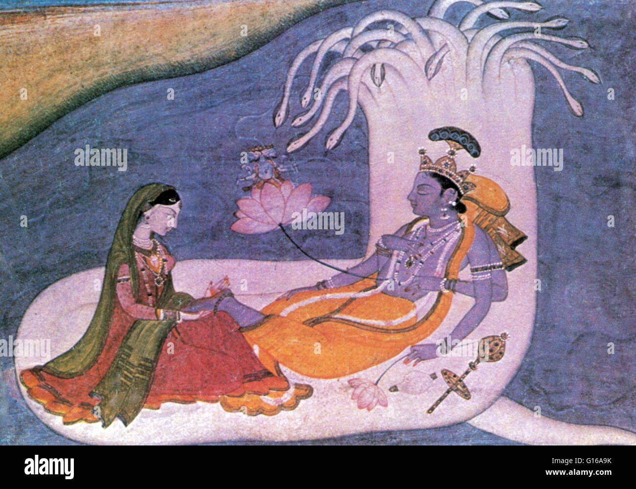 Vishnu galleggia sulle acque del cosmo sul retro del serpente drago, Ananta accompagnato da Lakshmi. Vishnu è considerata come uno dei principali Dio nell'Induismo e mitologia indiana. Egli è pensato come il guardiano dell'universo mentre altre due grandi Hindu Foto Stock