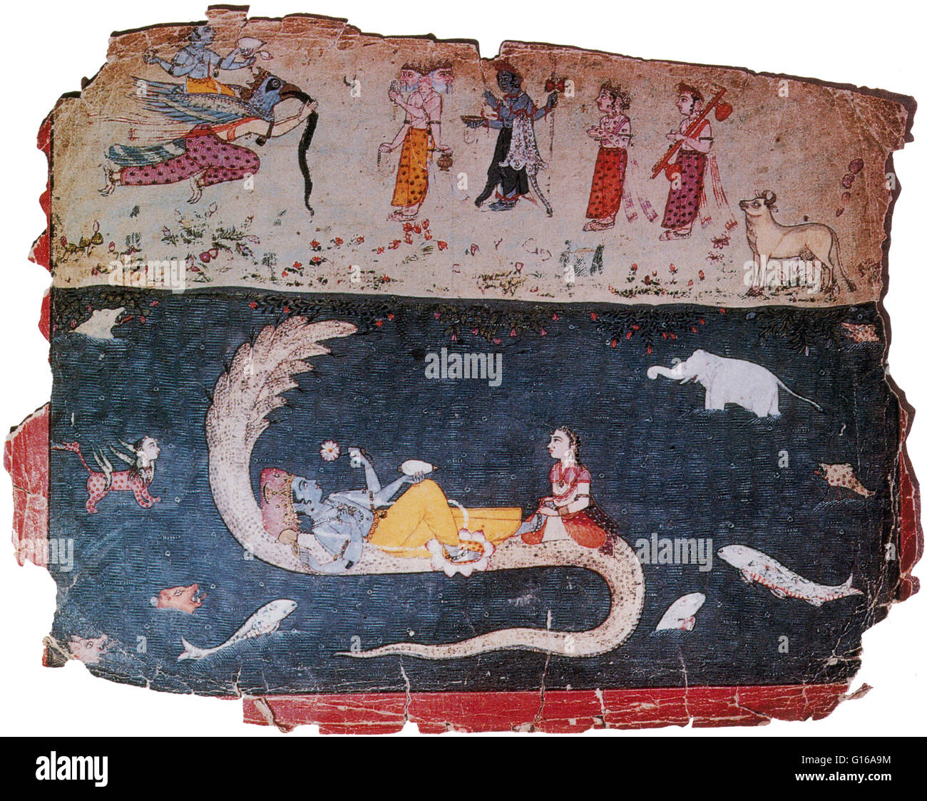 Xvii secolo miniatura di Rajasthan raffiguranti Vishnu e Lakshmi a cavallo sul retro di Ananta tra due periodi di evoluzione cosmica, la distruzione e la creazione. Molte altre divinità del pantheon Hindu sono rappresentati anche i tempi di attesa per la genesi di ne Foto Stock
