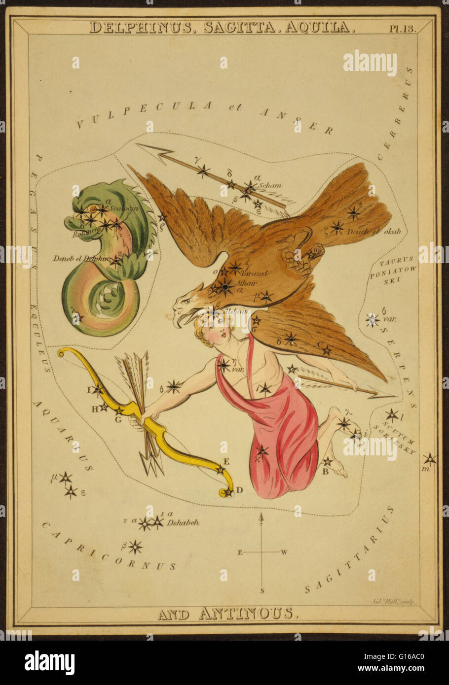 Astronomical diagramma che mostra Antinoo con arco e frecce, un aquila e un delfino formando le costellazioni. Delphinus è una costellazione nel cielo del nord, vicino all'equatore celeste. Il suo nome è latino per Dolphin. Il Sagitta è Latino per la freccia e mi Foto Stock