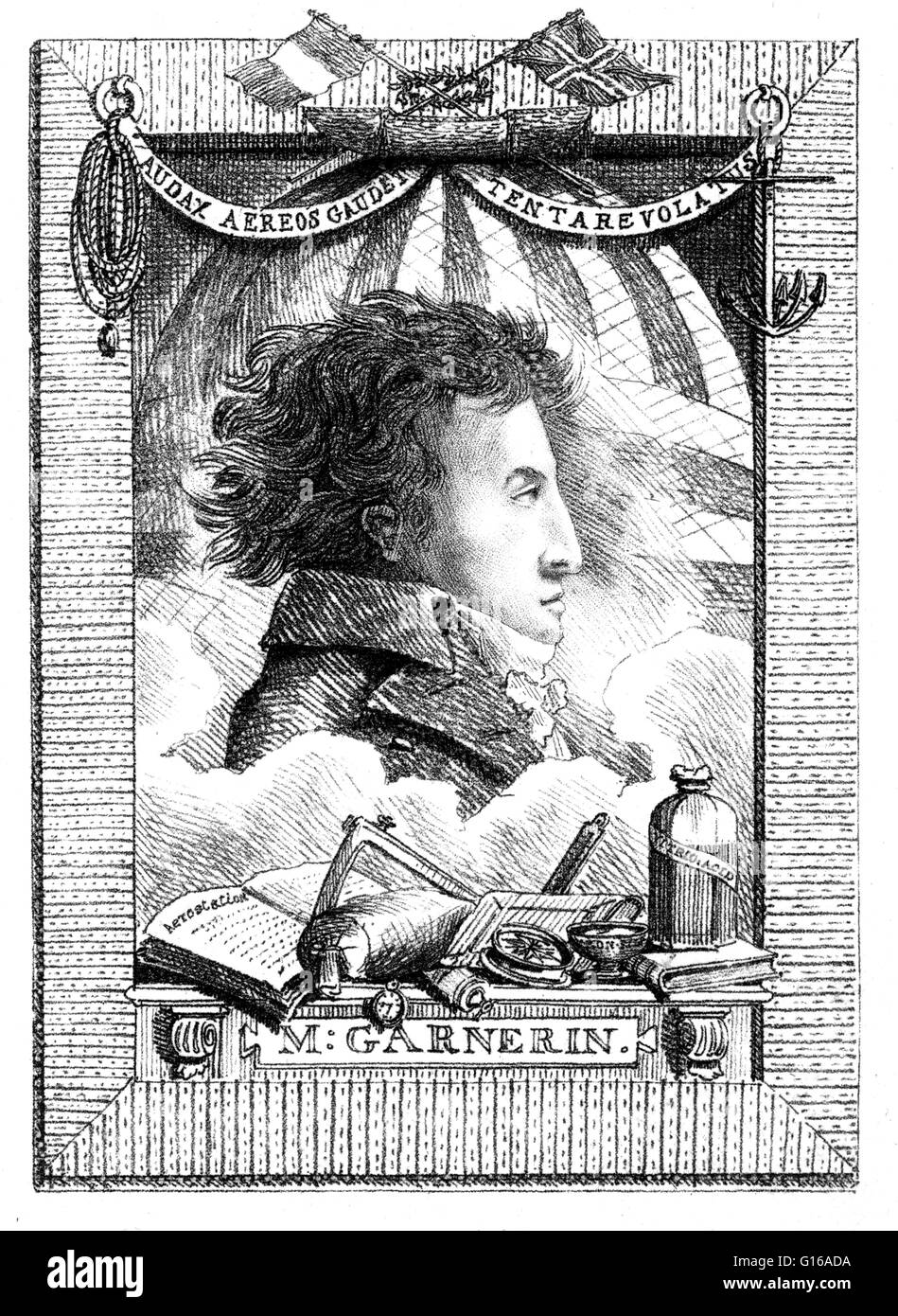 Garnerin André-Jacques (Gennaio 31, 1769 - 18 agosto 1823) era un balloonist, inventore della cornice paracadute e Aeronaut ufficiale della Francia. Uno studente del ballooning pioneer il professor Jacques Charles, egli è stato coinvolto con il volo di aria calda b Foto Stock