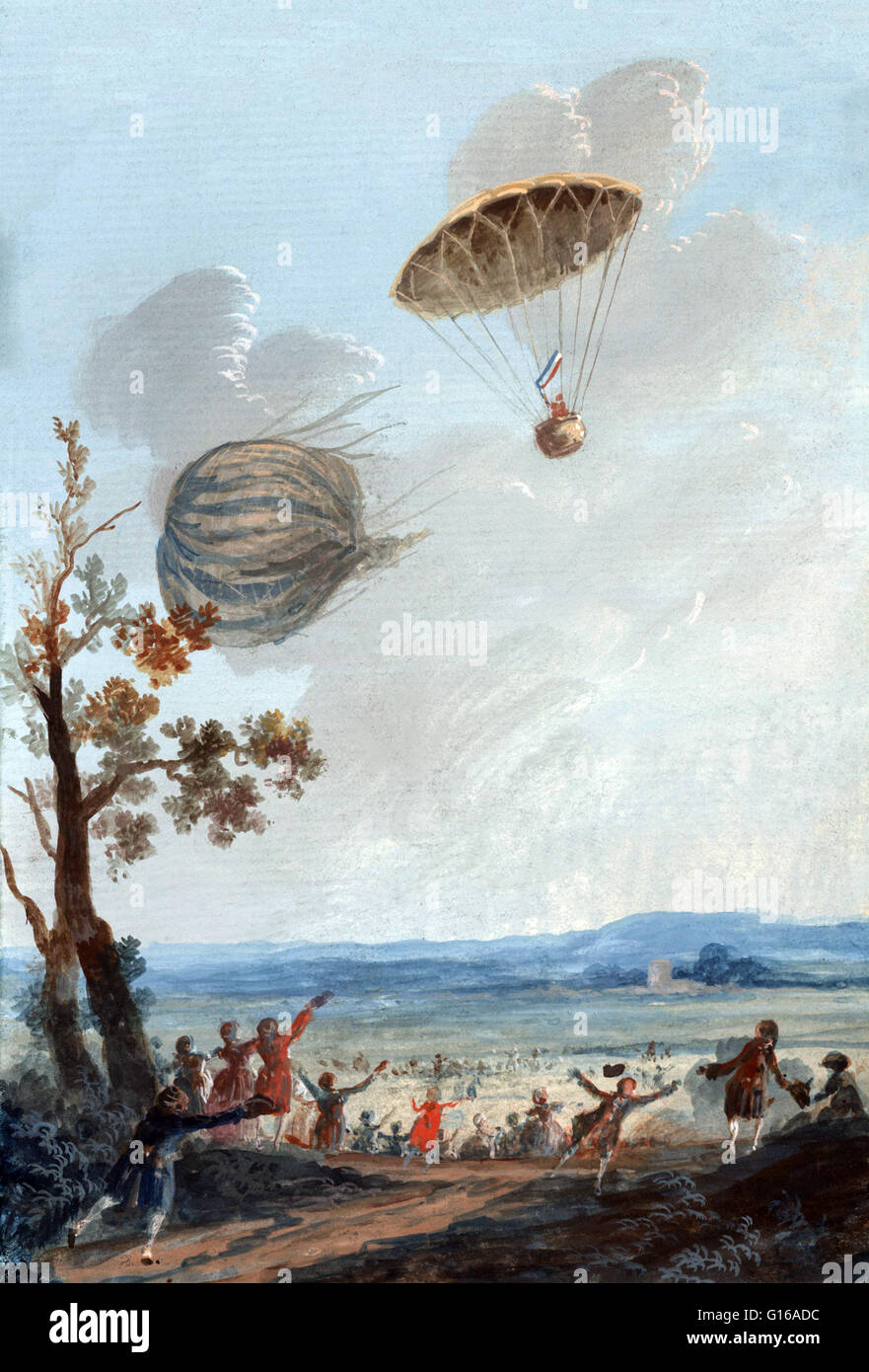 Mostra di pittura di discesa Garnerin in un cestello attaccato ad un paracadute da circa mille metri mentre il palloncino senza equipaggio cade al suolo. Il suo palloncino era salito da Parc Monceau a Parigi, 22 ottobre 1797. Garnerin André-Jacques (Gennaio 31, 1769 - Foto Stock