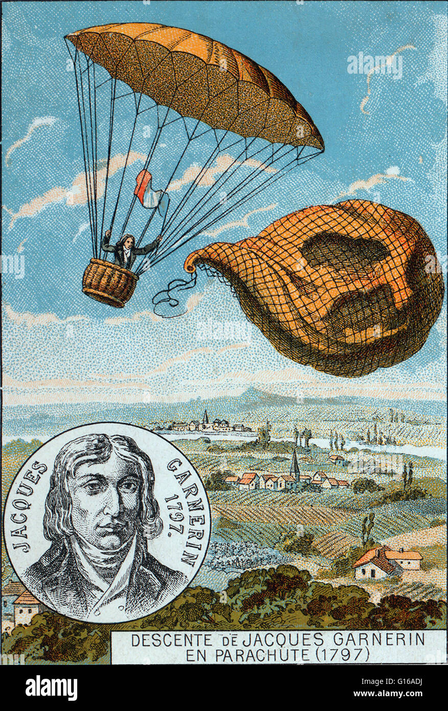 André Jacques Garnerin, primo uomo a scendere in un paracadute, in piedi la gondola del suo paracadute sventola una bandiera francese dopo il rilascio dal suo (palloncino sgonfio illustrato a sinistra). Il suo palloncino era salito da Parc Monceau a Parigi, 22 ottobre 1797. Er Foto Stock