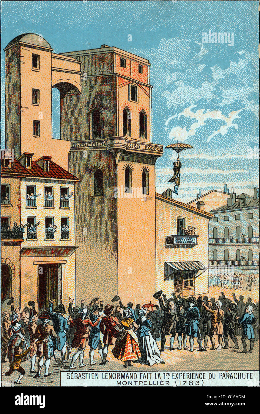 Lenormand salta dalla torre dell'osservatorio di Montpellier, 1783. Lenormand Louis-Sébastien (25 maggio 1757 - Dicembre 1837) fu un fisico francese, inventore e pioniere nel paracadutismo. Egli è considerato il primo uomo a fare un testimone di discesa con un Foto Stock