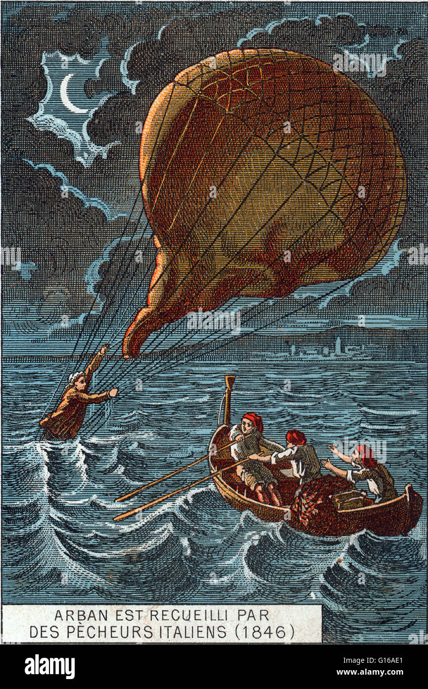 Salvataggio di balloonist Arban dai pescatori italiani dopo che egli ha scavato il suo palloncino nel Mediterraneo nel 1846. Francois Arban (1815 - 7 ottobre 1849) era un francese pioniere dell'aviazione. Ha effettuato il suo primo volo nel 1832 con un totale di 16 ascensioni nella sua lifeti Foto Stock