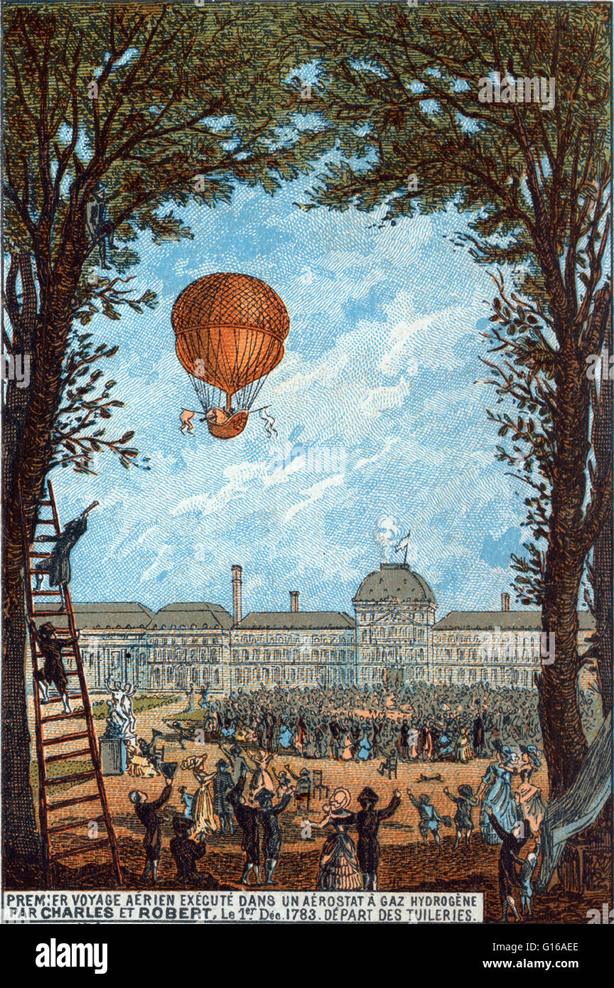 Primo volo con equipaggio condotto in un gas idrogeno aerostato, da Charles e Robert Borothers, partenza dall'Tuileries, 1783. Alexandre César Charles (novembre 12, 1746 - Aprile 7, 1823) era un inventore francese, scienziato, matematico, e balloonist. Foto Stock