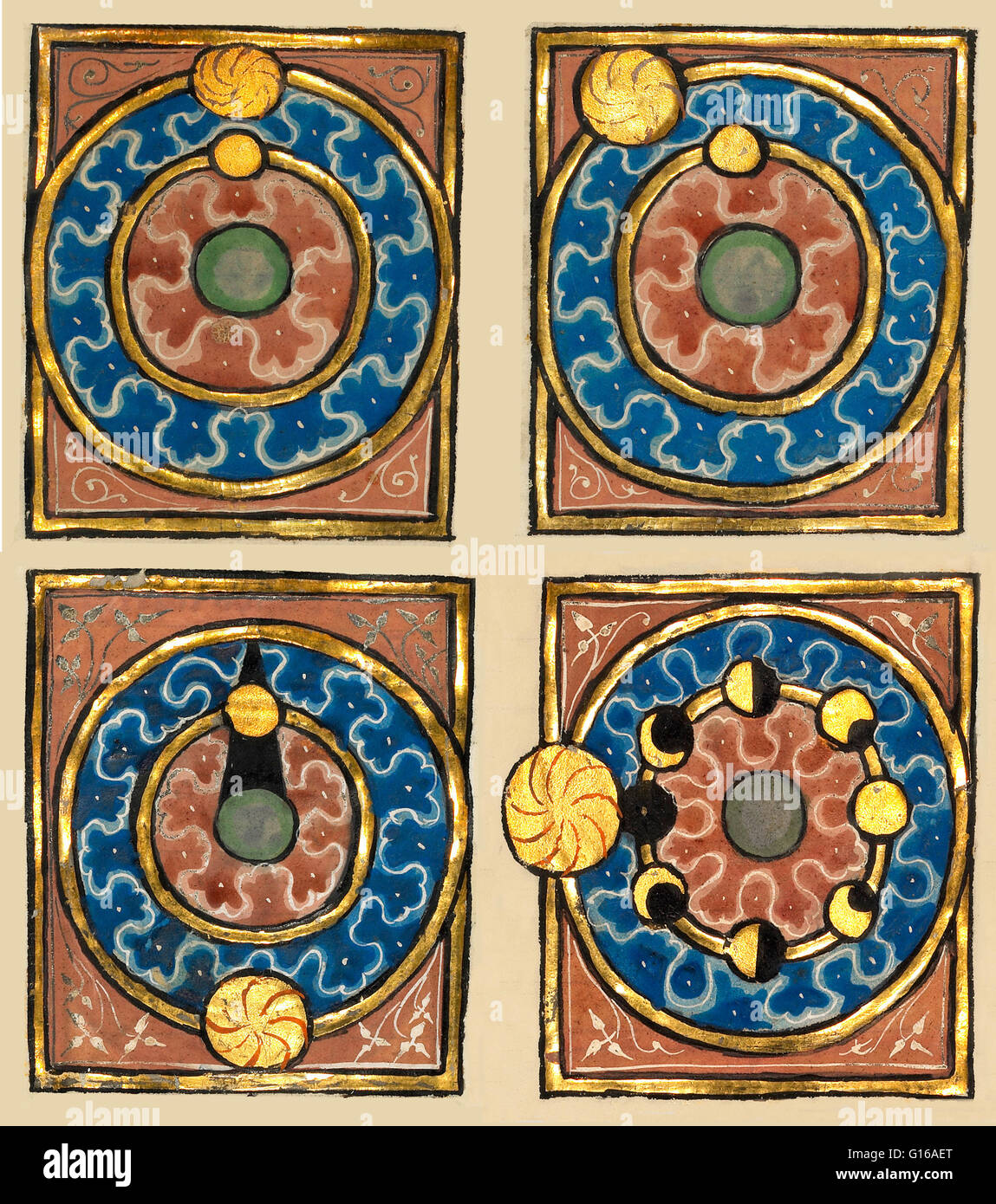Quattro diagrammi che mostrano il sole e la Luna in orbita intorno alla terra in un geocentriche o modello tolemaico dell'universo. La sequenza è spiegare talune fasi lunari. Queste luminarie data dall'ultimo quarto del XIII secolo (dopo il 1277). Foto Stock
