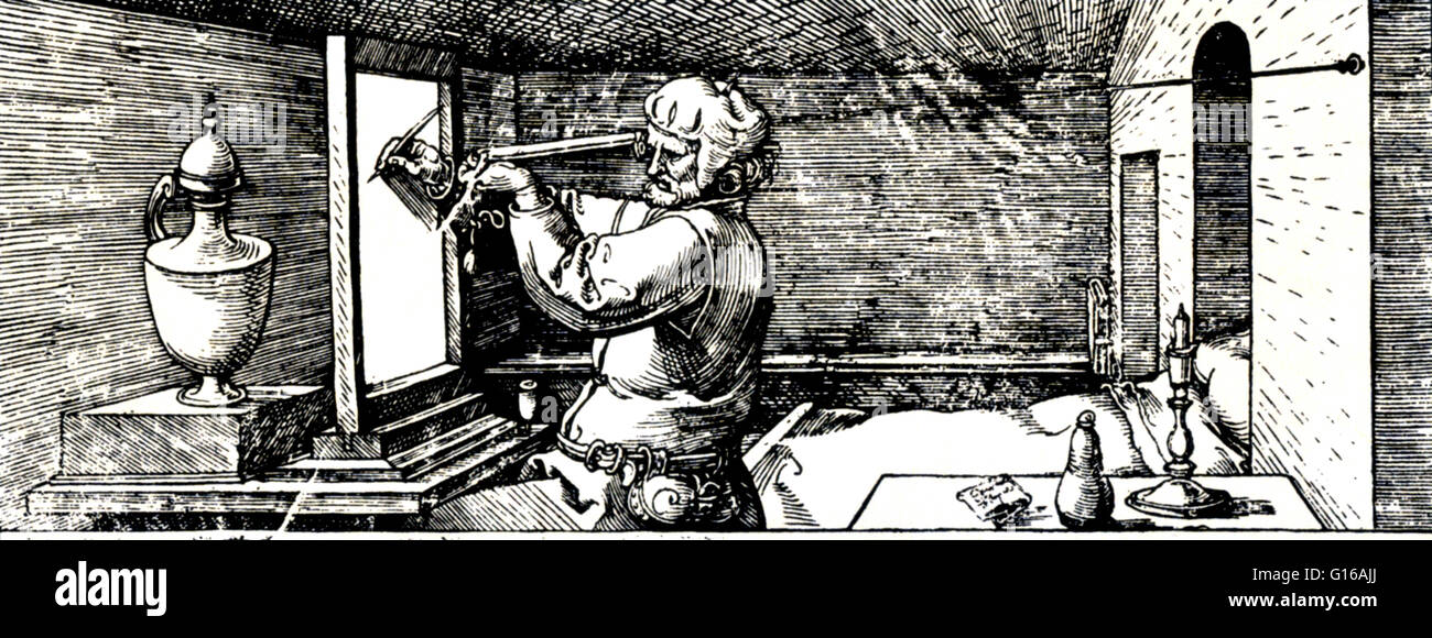 In prospettiva, proiezione di immagini per la geometria, Albrecht Dürer, 1532. Dürer xilografia di Jacob de Keyser è trovato. Con de Keyser dispositivo, l'artista viewpoint è stata fissata per la cruna di un ago grande inserito nella parete. Questo è stato affiancato da una strin seta Foto Stock