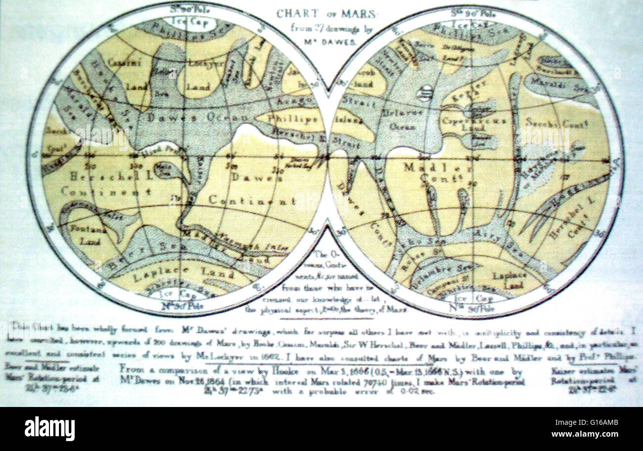 Mappa di Marte, proiezione stereografica. Richard Anthony Proctor (Marzo 23, 1837 - 12 settembre 1888) è stato un astronomo inglese. Egli è ricordato per aver prodotto una delle prime mappe di Marte in 1867 da 27 disegni dall'osservatore inglese Willia Foto Stock