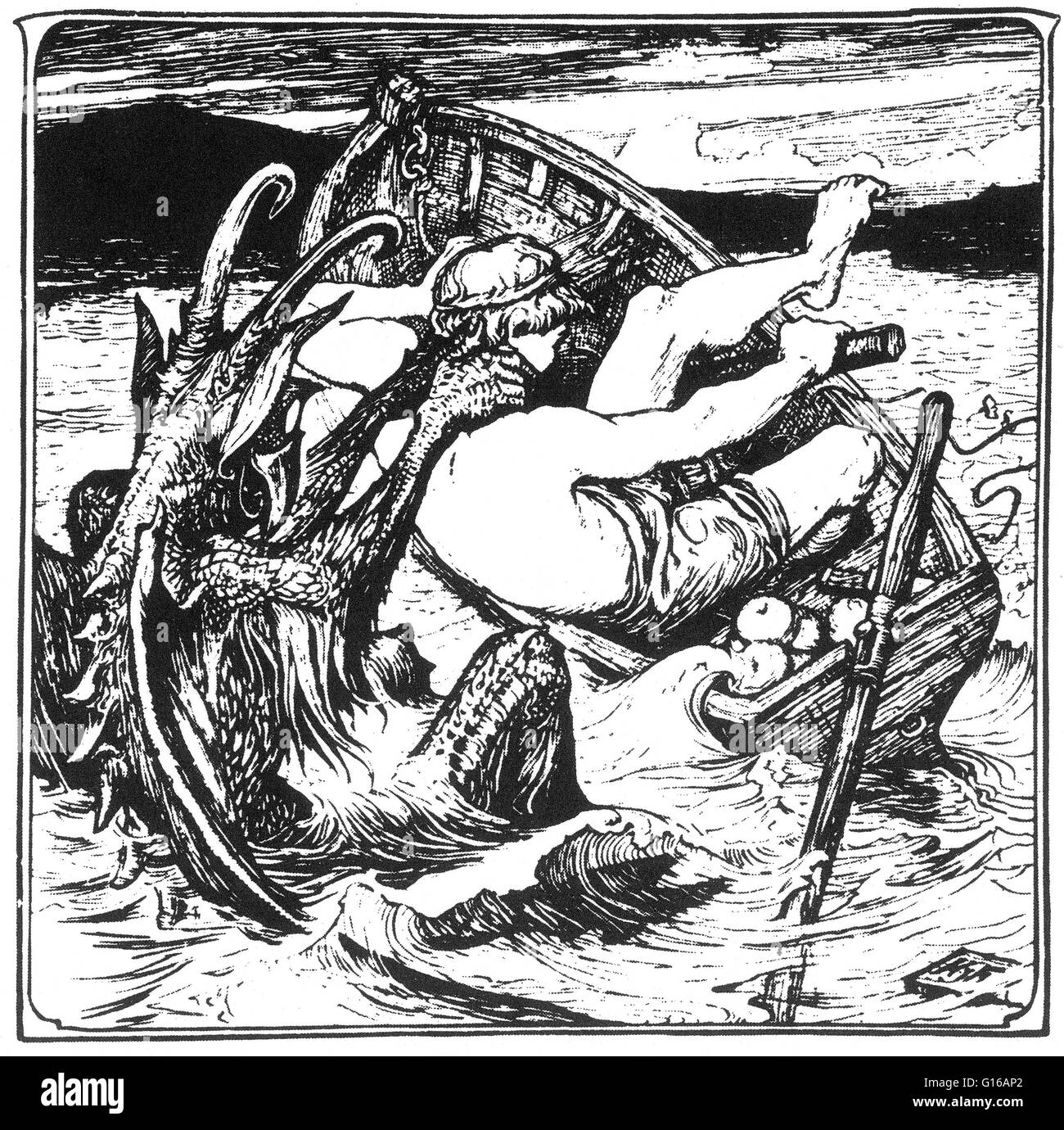 Illustrazione di H.J. Ford per 'Hans, il Mermaid figlio dell' da Andrew Lang La Fata Rosa libro. Mermen sono mitici equivalenti maschio e le controparti delle sirene, creature leggendarie che hanno la forma di un maschio umano dalla vita in su e sono simili a pesci fr Foto Stock