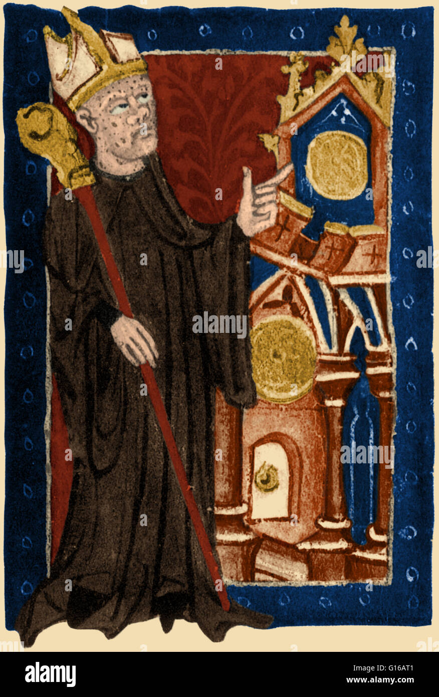 Illustrazione medievale raffigurante Richard di Wallingford (1292-1336), matematico inglese che hanno reso importanti contributi all'astronomia, astrologia e orologeria mentre serve come abate di St Albans Abbey. Egli è il più noto per il suo orologio astronomico egli design Foto Stock