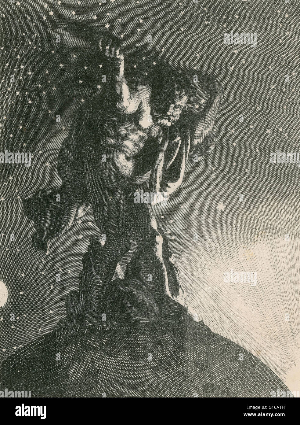 "Atlas supporta il cielo sulle sue spalle' da Bernard Picart (1731). In classico della mitologia greca, Atlas era il primordiale Titan che ha tenuto la sfera celeste. Egli è anche il titan di astronomia e di navigazione. Atlas e suo fratello Menoetius si Foto Stock