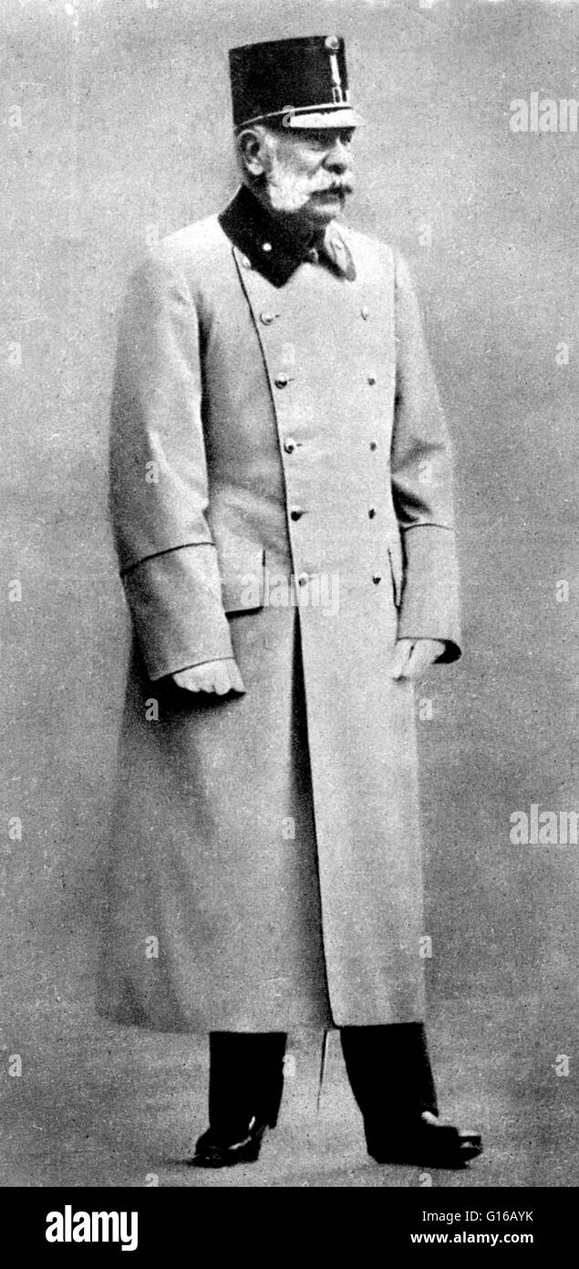 Franz Joseph I (18 agosto 1830 - 21 novembre 1916) era imperatore d'Austria, Re apostolico di Ungheria, Re di Boemia, re di Croazia, re di Galizia e Lodomeria e Granduca di Cracovia dal 1848 fino alla sua morte nel 1916. Franz Joseph era turbato b Foto Stock